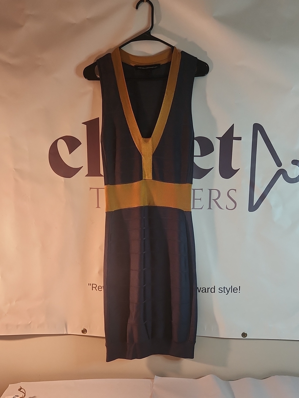 French Connection Navy Dress with Mustard Trim
